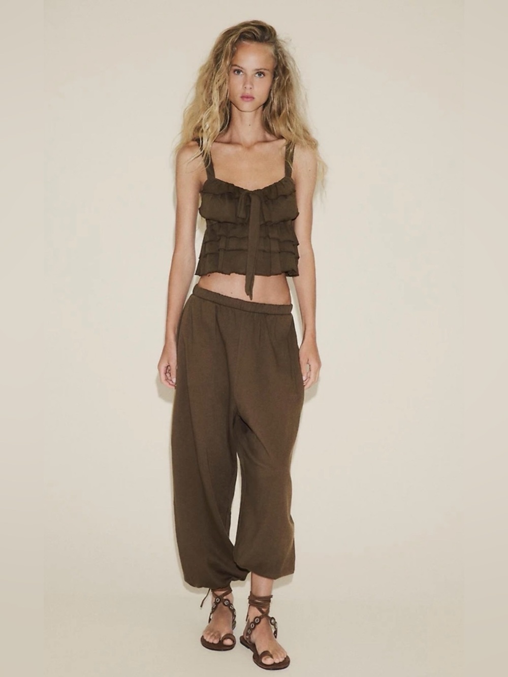 Zara Brown Tiered Cropped Tank & Relaxed Balloon Pants Set M